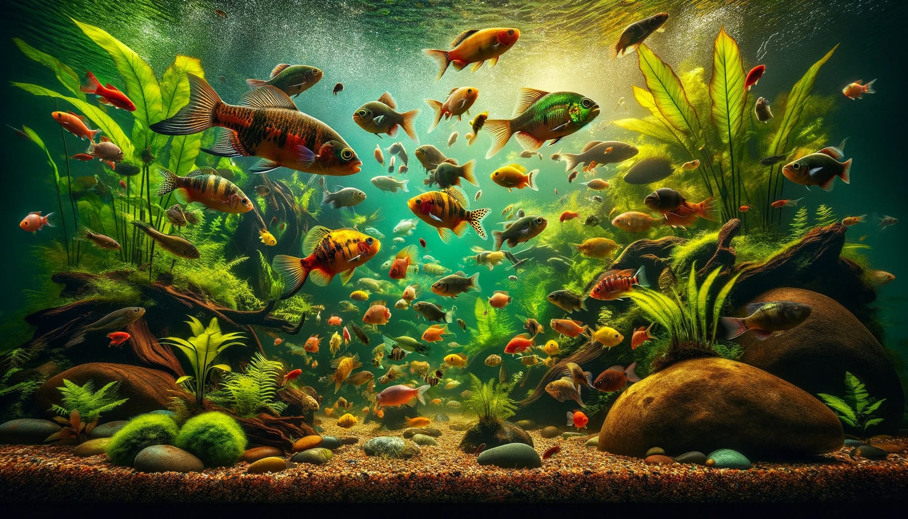 Alimentazione dei Pesci in Acquario: Cosa, Quando e Quanto Dare 1 DALL·E 2024 01 09 11.35.35 tropical freshwater aquarium with fish being fed 16 9 aspect ratio